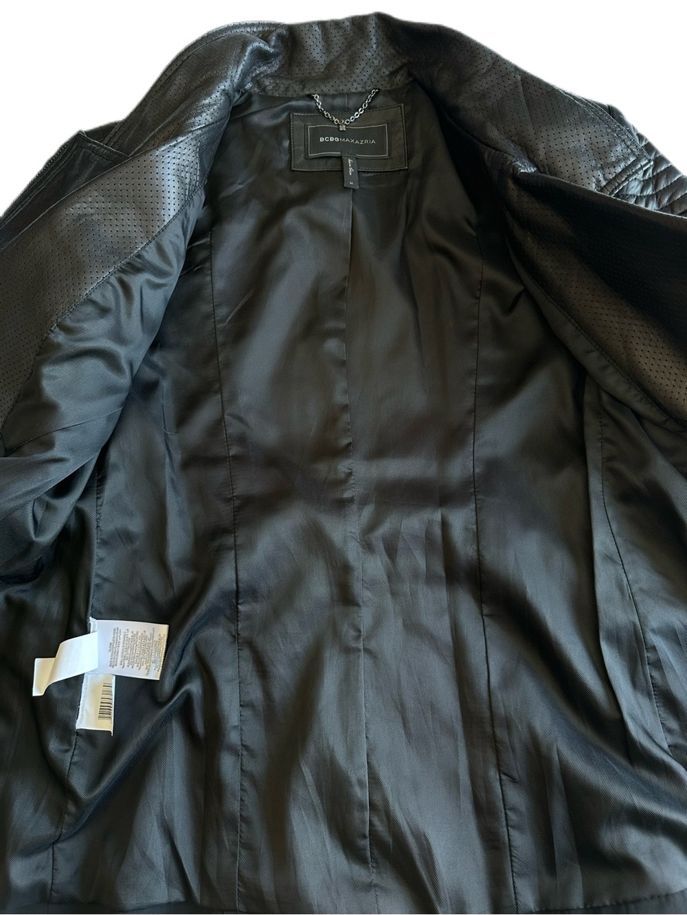 BCBGMAXAZRIA Black Genuine Leather Mixed Media Moto Jacket Belted Size M - Picture 9 of 11